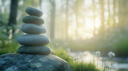balanced stones create a symbol of peace in a forest filled with soft light and gentle greenery, pro