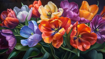 Poster - Close-up view of a cluster of colorful tulips with rich, saturated hues and smooth, velvety petals, capturing their elegance and charm.