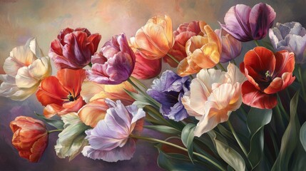 Poster - Close-up view of a cluster of colorful tulips with rich, saturated hues and smooth, velvety petals, capturing their elegance and charm.