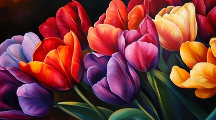 Poster - Close-up view of a cluster of colorful tulips with rich, saturated hues and smooth, velvety petals, capturing their elegance and charm.