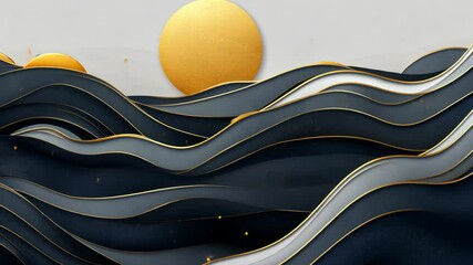 Wall Mural - abstract depiction of waves and sun in gold and black colors creating a serene atmosphere at sunrise