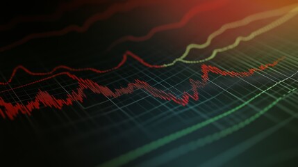 Aufkleber - Detailed shot of a financial graph with fluctuating stock prices, highlighting various data points and trend lines in a professional setting.