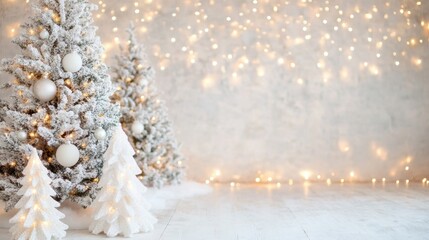 Wall Mural - Elegant white decorations and snowy trees enhance the warm, inviting ambiance of a festive indoor holiday space filled with twinkling lights