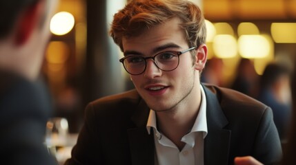 Poster - Detailed shot of a young businessman at a networking event, engaging in conversation and exchanging business cards, reflecting a dynamic professional interaction.