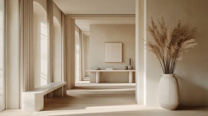 Poster - Detailed view of a minimalistic entryway with a sleek console table, simple decor, and a calm, neutral color scheme, emphasizing the home's clean design.
