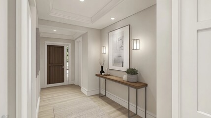 Poster - Detailed view of a minimalistic entryway with a sleek console table, simple decor, and a calm, neutral color scheme, emphasizing the home's clean design.