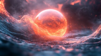Poster - Electric waves merging into a glowing orb, representing sustainable energy, innovation, and the convergence of technology and nature.