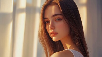 Canvas Print - High-resolution image of a woman with sleek, straight hair falling gracefully over her shoulders, captured in soft, natural light to emphasize its smoothness.