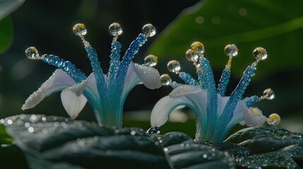 Wall Mural - Dew-kissed blue flowers, garden, morning sunlight, macro photography, nature