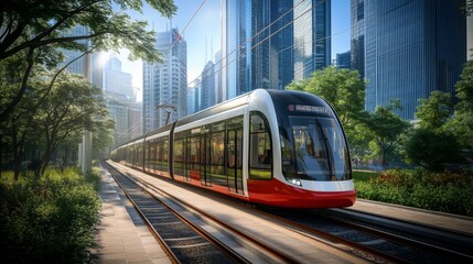 Fototapete - High-resolution view of an electric train speeding through an urban environment, showcasing the blend of modern technology and cityscape.