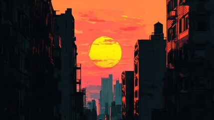 Fototapete - High-resolution view of a sunset framed by the silhouette of tall buildings, with the sky painted in hues of orange and pink and the sun partially hidden behind the skyline.