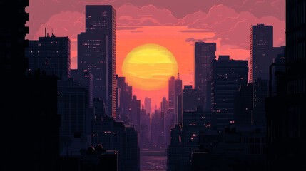 Fototapete - High-resolution view of a sunset framed by the silhouette of tall buildings, with the sky painted in hues of orange and pink and the sun partially hidden behind the skyline.