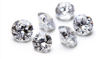 Leinwandbilder - Multiple diamonds of various sizes scattered elegantly on a white background, with each gem catching and reflecting light in a dazzling display.