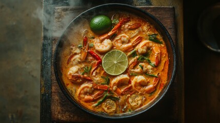 Wall Mural - Top-down shot of Tom Yum Goong, the vibrant soup filled with shrimp, chili, and lime slices, all served in a hot, steaming bowl.