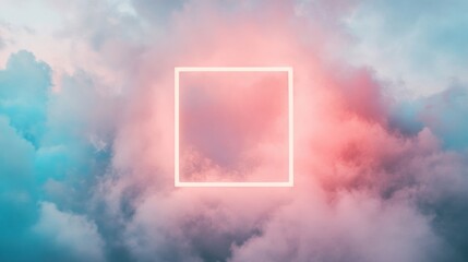 Wall Mural - a neon square glows softly amidst fluffy, colorful clouds, creating a captivating contrast in the ev