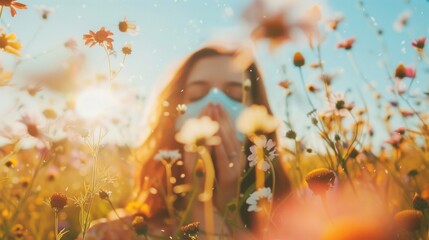 Wall Mural - a woman sneezes while surrounded by vibrant flowers in a sunny field, enjoying nature on a warm day