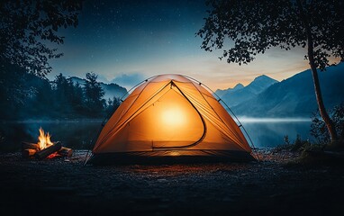 Canvas Print - Illuminated tent at lakeside campsite at night.