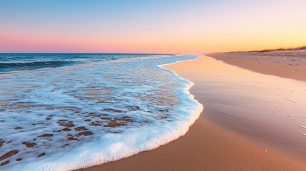 Wall Mural - Seascape and waves dynamic, A serene beach scene at sunset, featuring gentle waves lapping against golden sand under a colorful sky.