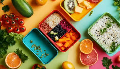 Wall Mural - Colorful healthy meal prep containers with rice, vegetables, and fruits.