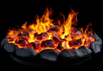 Wall Mural - Glowing embers and flames in a fire pit on black background.