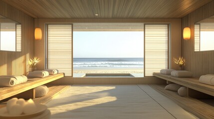 spa hotel interior on beach, designed in a sleek Scandinavian minimal style with clean lines and natural materials, offers a breathtaking panoramic view of glistening ocean and golden sandy shore.