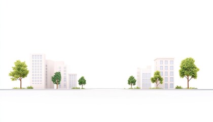 Minimalist urban landscape with modern buildings and trees, showcasing a serene environment in the background