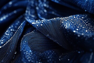 Wall Mural - Close-up of dark blue fabric with water droplets.