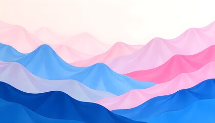 Poster - An abstract painting depicting wavy mountains in shades of pink and blue, with soft gradients and fluid shapes creating a dreamy, surreal landscape
