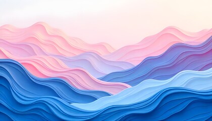 Fototapete - An abstract painting depicting wavy mountains in shades of pink and blue, with soft gradients and fluid shapes creating a dreamy, surreal landscape