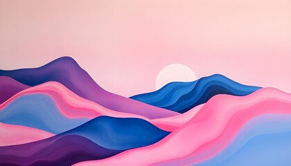 Poster - An abstract painting depicting wavy mountains in shades of pink and blue, with soft gradients and fluid shapes creating a dreamy, surreal landscape