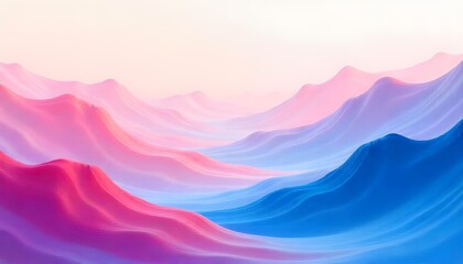 Poster - An abstract painting depicting wavy mountains in shades of pink and blue, with soft gradients and fluid shapes creating a dreamy, surreal landscape