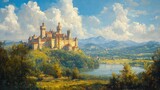 Majestic castle on a hill overlooking a lake and valley under a bright sky.