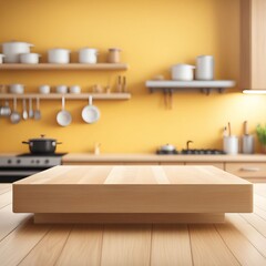 Modern yellow kitchen interior with wooden furniture and utensils, featuring a dining table, a sink, and large windows for natural light