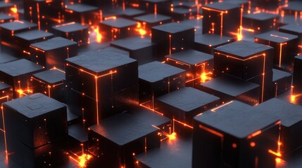 Poster - A 3D representation of interconnected cubes, glowing with digital data streams flowing between them, symbolizing abstract data processing in technology