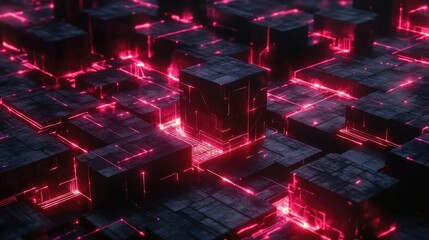 Poster - A 3D representation of interconnected cubes, glowing with digital data streams flowing between them, symbolizing abstract data processing in technology
