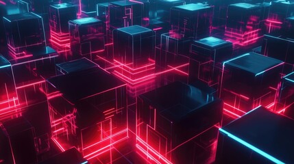 Poster - A 3D representation of interconnected cubes, glowing with digital data streams flowing between them, symbolizing abstract data processing in technology