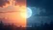 © buddhika - divided into two halves a different time of day half represents daytime warm sky orange pink hues fluffy clouds bright sun right half represents nighttime cool sky purple hues dark clouds  full moon