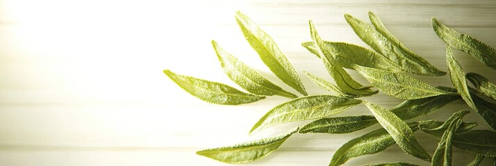 Wall Mural - Green leaves on white wood, natural background, health, wellness