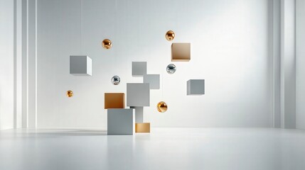 Aufkleber - Floating geometric shapes minimalist abstract art studio setting modern aesthetic top-down view creative design