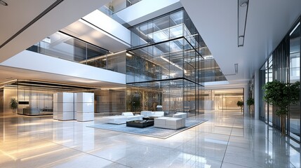 Poster - Stunning modern architectural space with interlocking cubes urban office interior design bright ambiance contemporary style