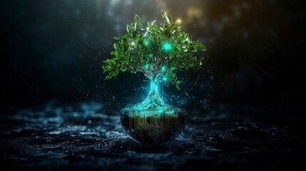 Poster - Futuristic tree with glowing circuit patterns digital landscape 3d art nature close-up eco-tech concept