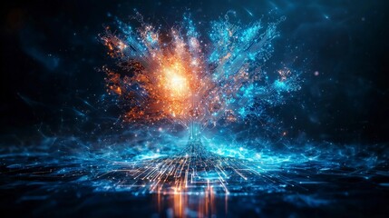 Poster - Futuristic glowing tree of life digital landscape abstract artwork virtual environment high-tech view connectivity concept