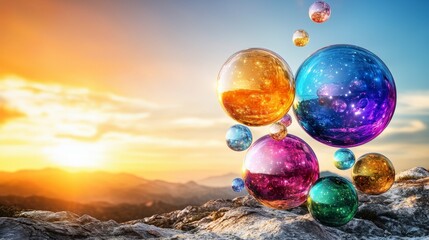 Aufkleber - Surreal landscape with floating orbs vibrant colors nature scene sunset glow fantasy concept for art enthusiasts