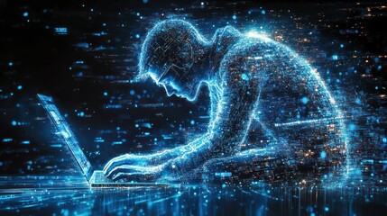 Digital human coding on laptop, data streams.