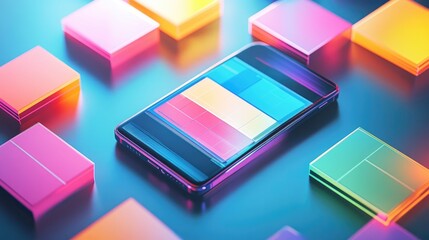 Poster - A vibrant concept image of colorful information boxes surrounding a smartphone, symbolizing digital communication, news, and data flow