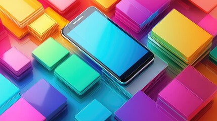 Poster - A vibrant concept image of colorful information boxes surrounding a smartphone, symbolizing digital communication, news, and data flow