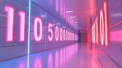 Neon-lit corridor showcasing digital data flow, futuristic architecture background, ideal for tech visuals