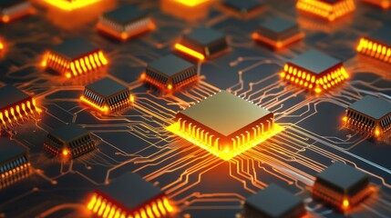 Poster - An abstract 3D image of connected microchips and their intricate circuit diagram, glowing with energy and symbolizing digital advancements