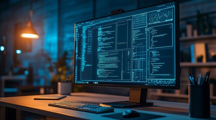 Night coder coding software, desktop, home office, blue light