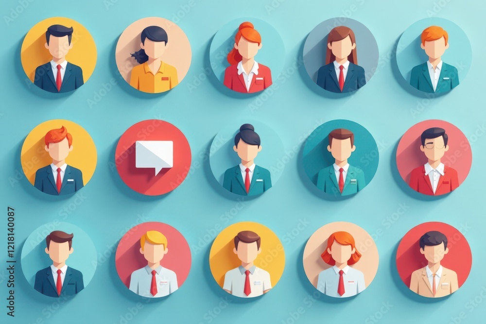 Colorful Roles Colorful flat-style icons showing various job roles against a solid ...